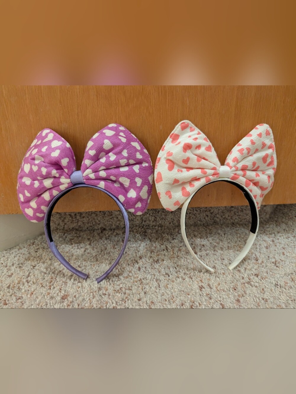 Heart Print Bow Headbands, Minnie Style - Purple & Cream